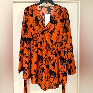 NWT Orange Belted Blouse with flower design. Size 3X (US 22-24).